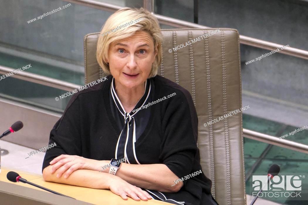 Stock Photo: Flemish Minister of Employment, Economy, Social Economy and agriculture Hilde Crevits pictured during a plenary session of the Flemish Parliament in Brussels.