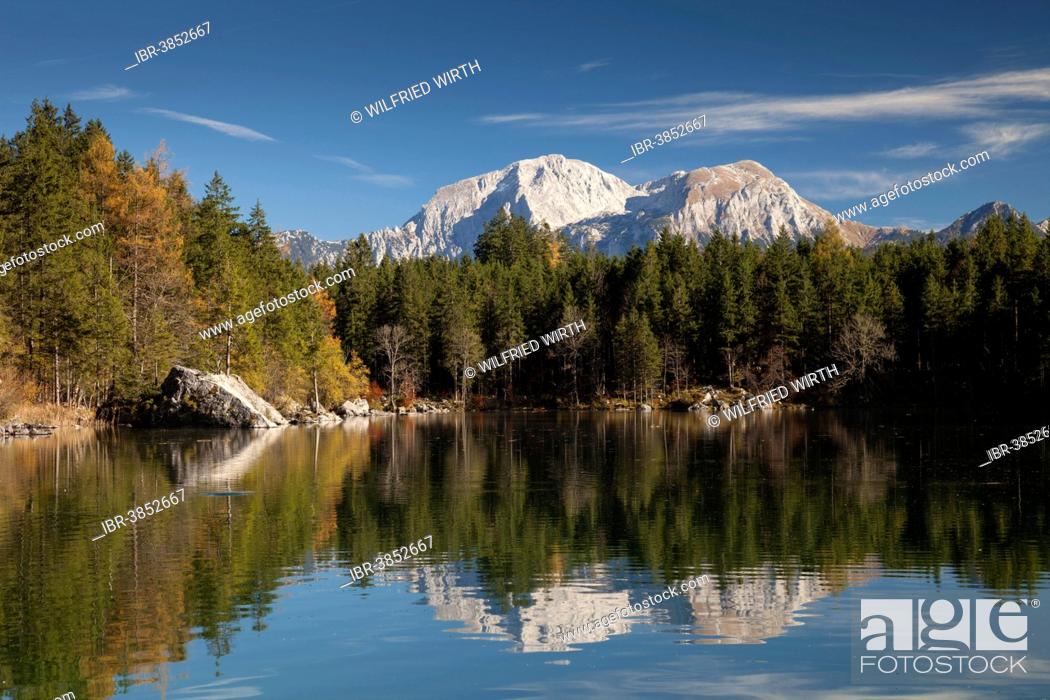 Stock Photo: Alpine landscape with Hoher Göll Mountain at Lake Hintersee, Berchtesgaden National Park, Ramsau, Berchtesgadener Land district, Upper Bavaria, Bavaria, Germany.