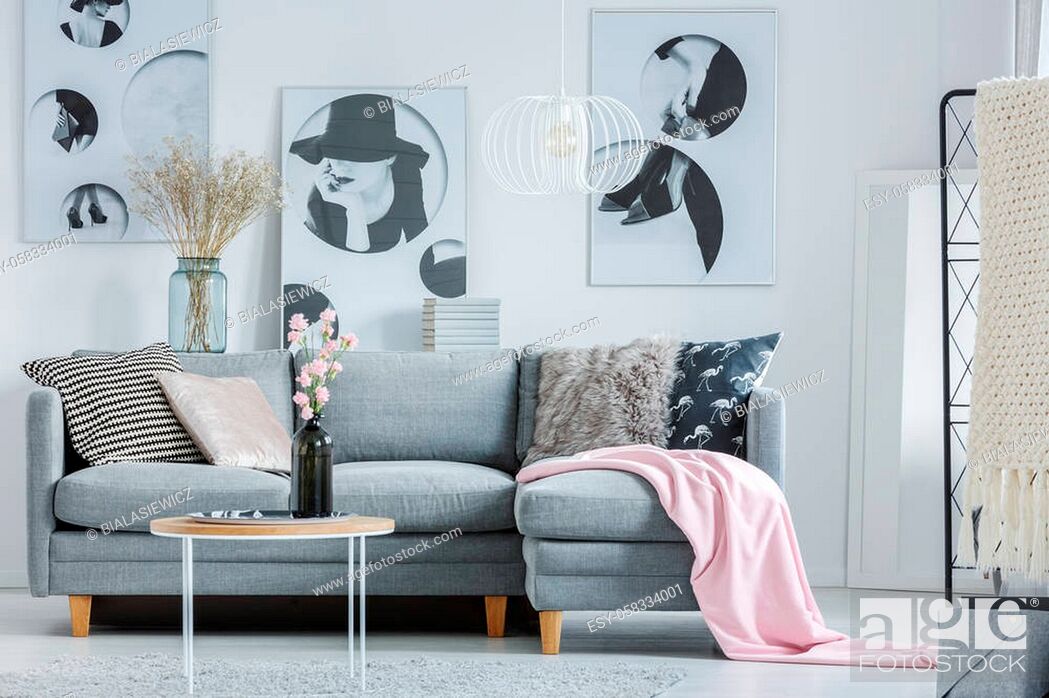 Pink Blanket On Grey Sofa With