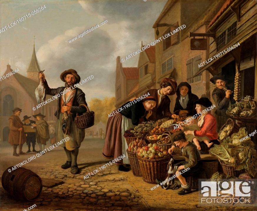 Stock Photo: The Greengrocer's Shop De Buyskool, The vegetable shop 'De Buyskool'. Baskets of fruit and vegetables are displayed in front of a shop.