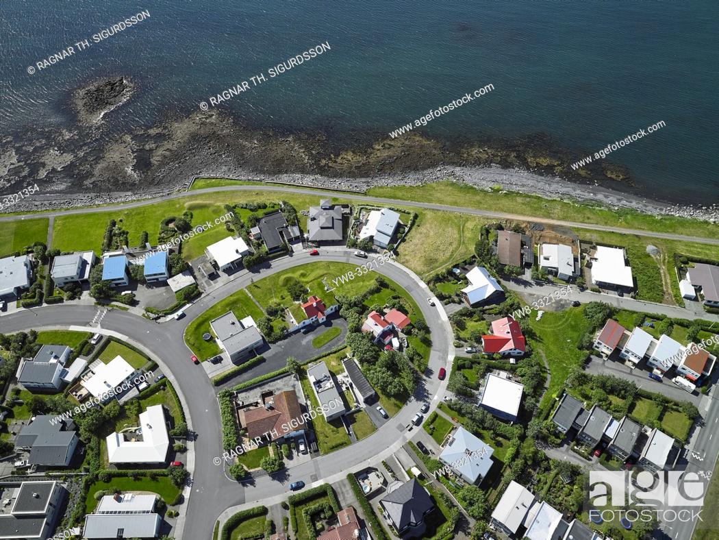 Stock Photo: Neighborhood in Reykjavik, Iceland. . This image is shot using a drone.