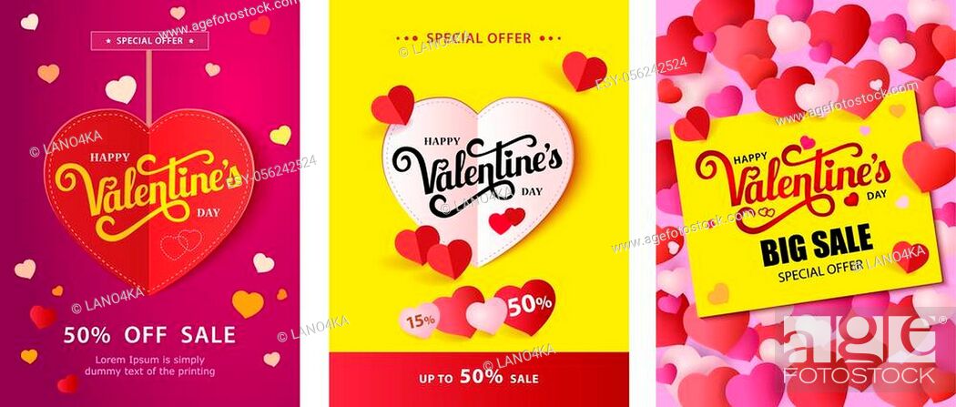 Stock Vector: Set Design flyer with lettering Happy Valentine s Day. Up to 30 sale. Paper heart on a bright background with small pink hearts. Vector illustration.