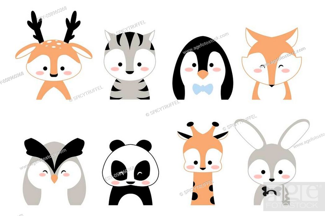 Cute animals. Cartoon kids characters, deer panda giraffe tiger portraits  on white background, Stock Vector, Vector And Low Budget Royalty Free  Image. Pic. ESY-058960368 | agefotostock