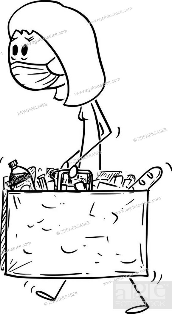 Vector cartoon stick figure drawing conceptual illustration of woman  wearing face mask carrying..., Stock Vector, Vector And Low Budget Royalty  Free Image. Pic. ESY-058928498 | agefotostock