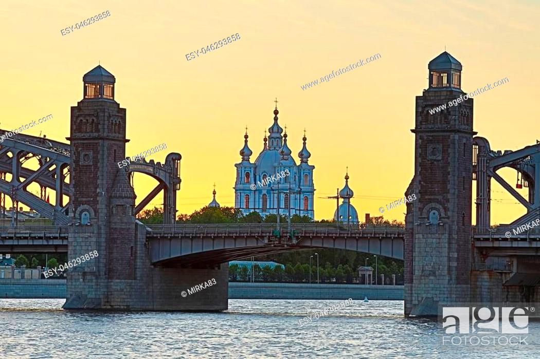 Stock Photo: View on the Bolsheokhtinsky or Peter the Great Bridge across the Neva River and Smolny Cathedral in Saint Petersburg, Russia in the evening or white night.