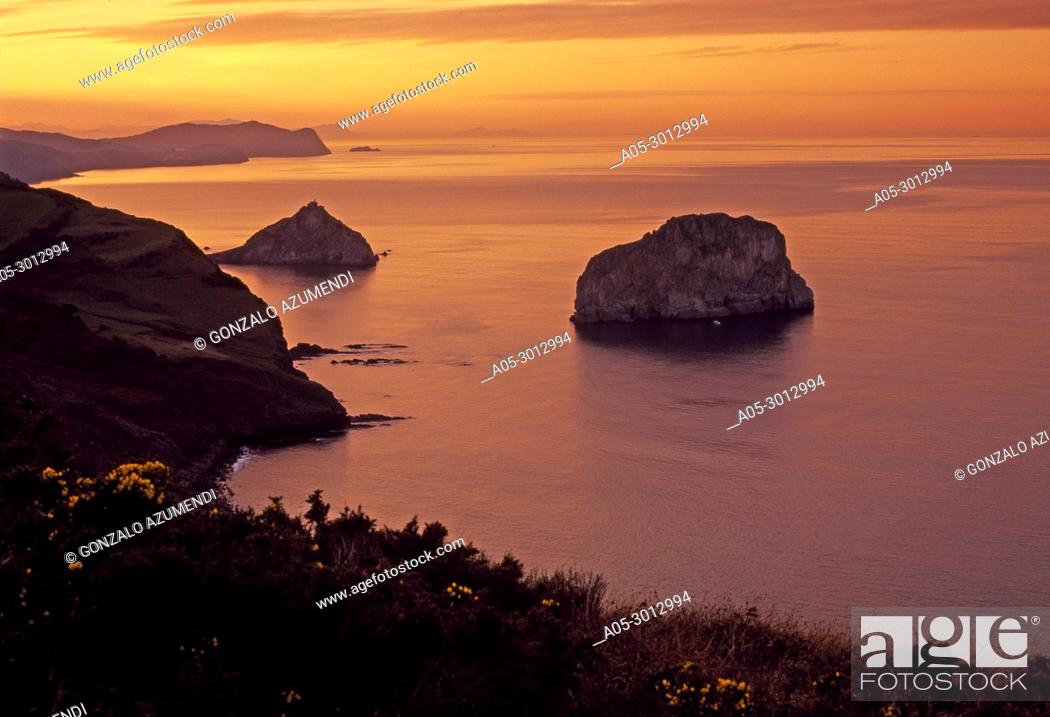 Stock Photo: San Juan de Gaztelugatxe and Aketx island . Bermeo. Coast of Biscay. Urdaibai Region. Bizkaia. Pais Vasco. Basque Country. Spain.