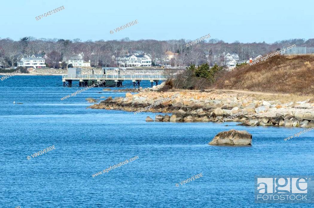 Stock Photo: Dock at University of Massachusetts Dartmouth's School for Marine Science & Technology on Clark's Cove, seen from Fort Taber Park.