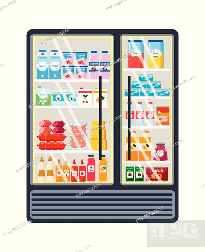 Stock Vector: Glass grocery shelf with various products in the store or supermarket. Big assortment of food and products on the grocery shelf of the market.