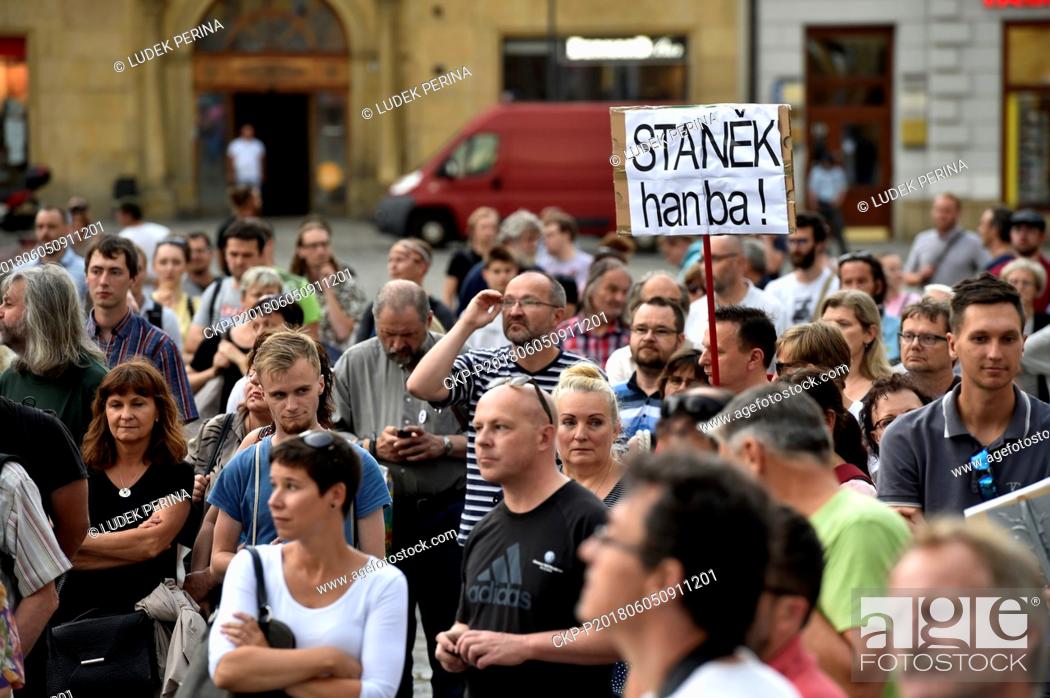 Stock Photo: Protestors attend demonstration against Andrej Babis's government depending on Communist support and headed by prosecuted prime minister.