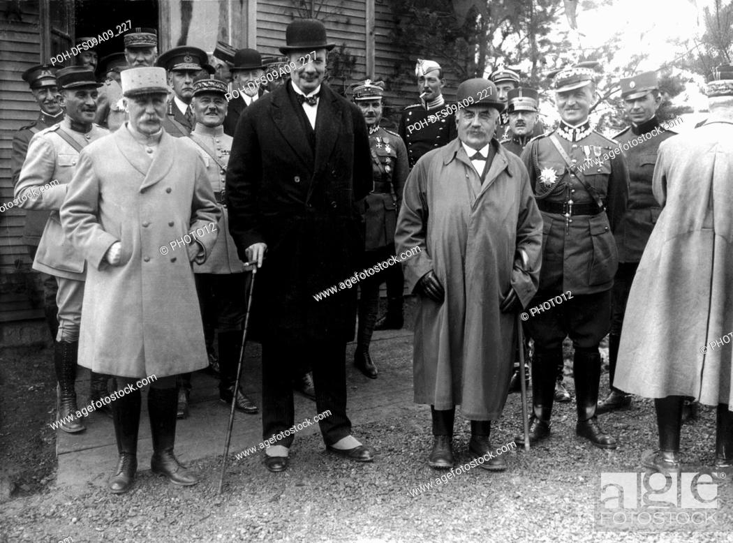 Stock Photo: Great army manoeuvres in Coëtquidan. Minister of War Maginot, Sukovski, President Millerand and marshal Pétain. France September 1922.