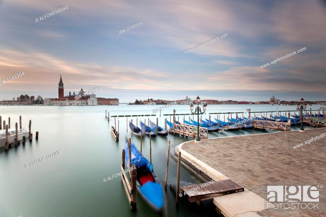 Stock Photo: Gondolas and San Giorgio Maggiore from St Mark's Square, Venice, Venezien, Italy.