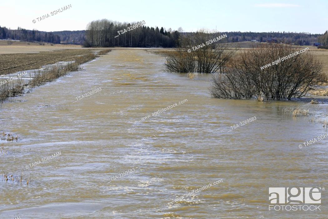 Stock Photo: Tuohittu, Salo, Finland. March 24, 2019. Spring flooding of Muurlanjoki river onto fields in Tuohittu, Southwest of Finland.