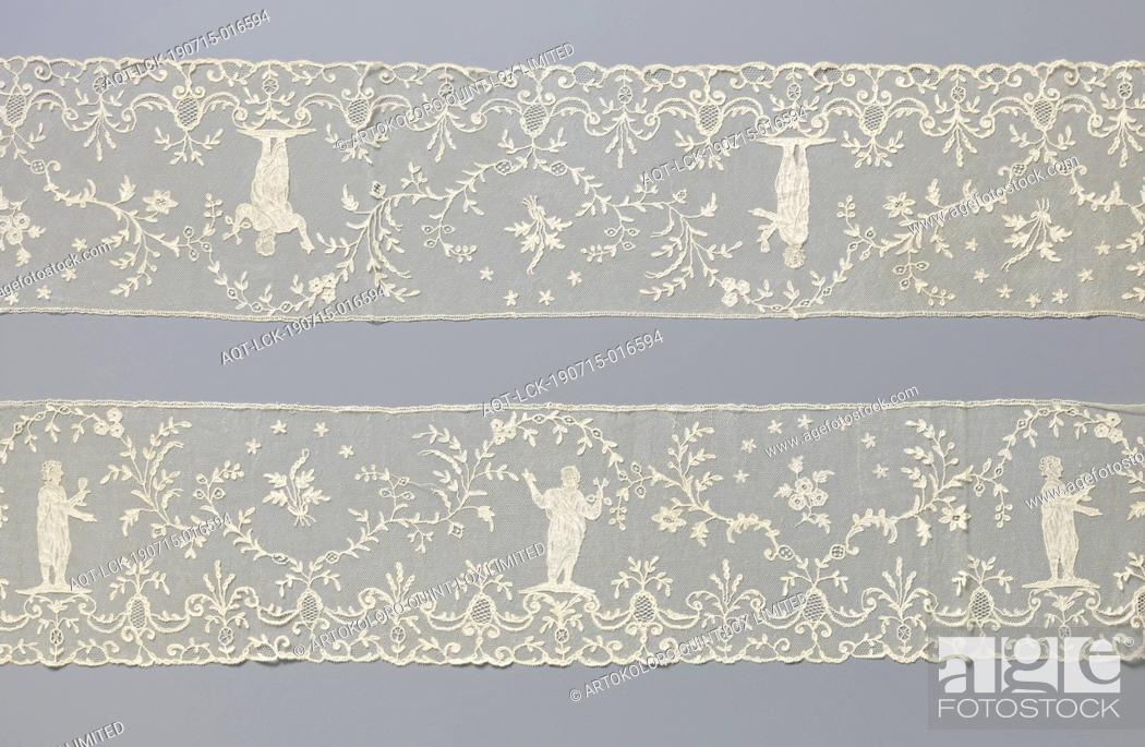 Stock Photo: Strip of application side with Peter and Johannes, Strip of natural-colored Brussels application side, bobbin lace and needle lace on drochel soil.