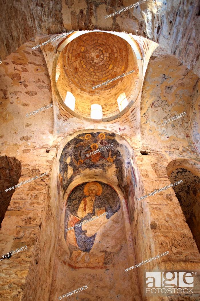 Stock Photo: The inetrior & Byzantine frescos of the Byzantine Church of St Sophia in the Monastery of Christ The Giver Of Life built by Manuel Kantakouzenos in the late.