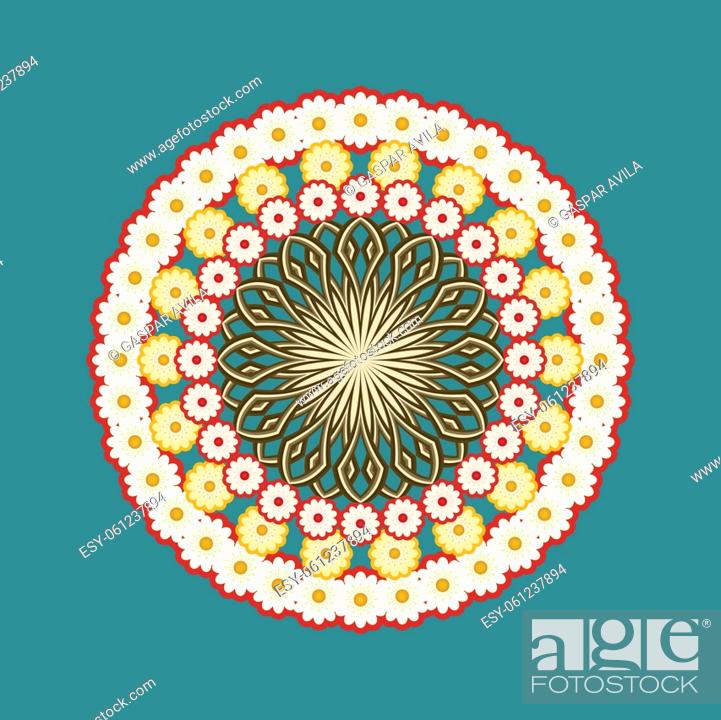 Vector: Round decorative design with a mix of floral and geometric items.