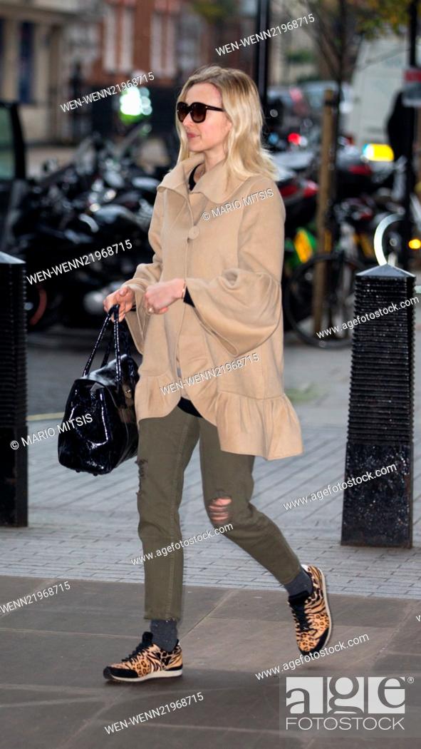 Stock Photo: Fearne Cotton arrives at the BBC Radio 1 studios, wearing ripped khaki trousers, leopard print trainers and handbag. Featuring: Fearne Cotton Where: London.