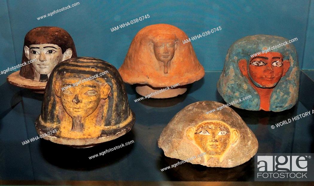 Stock Photo: Collection of Painted Canopic Jar Lids 1500 B.C. Egypt.