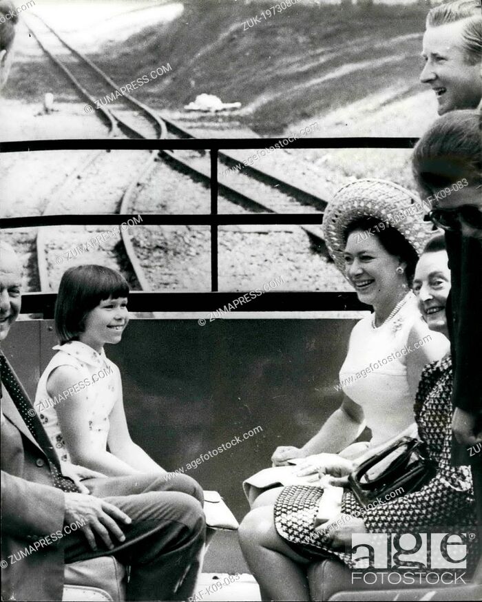 Stock Photo: Aug. 08, 1973 - Royal Railway ride: Lady Sarah Armstrong-Jones, and her mother, Princess Margaret (hat) are joined by zoological officials in their ride on the.
