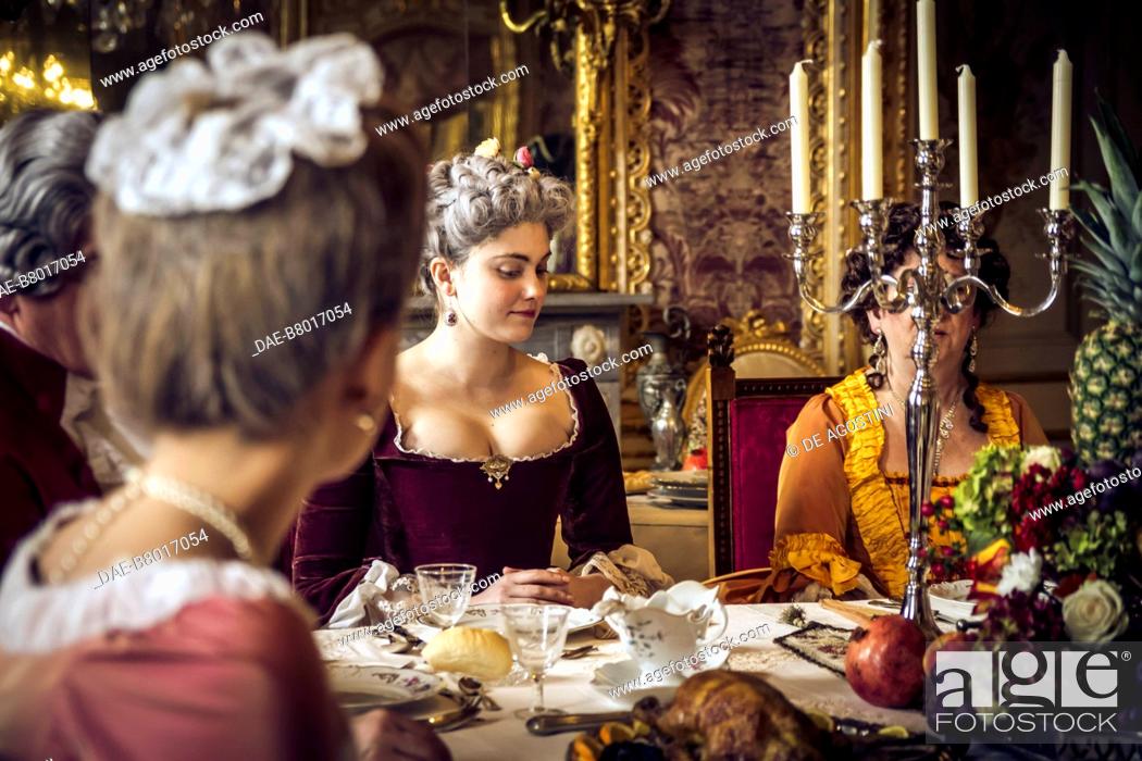 Stock Photo: Lunch, table laid with candlestick, court life in the Stupinigi hunting lodge, Italy, 18th century. Historical re-enactment.