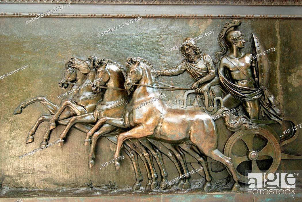 Stock Photo: Achilles on chariot, Empress Elisabeth Amalie Eugenie also known as Sissi Palace called Achilleon, Corfu island, Greece.