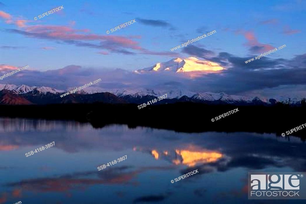 Stock Photo: Usa, Alaska, Denali National Park, Wonder Lake Area, Mt. Mckinley Denali Midnight Sunshine.