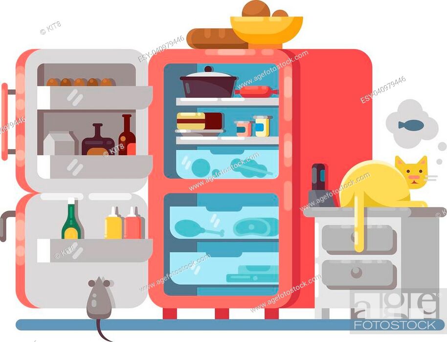 Stock Vector: Open refrigerator with food in kitchen. Near dreaming cat. Vector illustration.