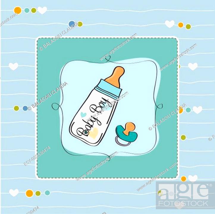 Stock Photo: baby announcement card with milk bottle and pacifier.