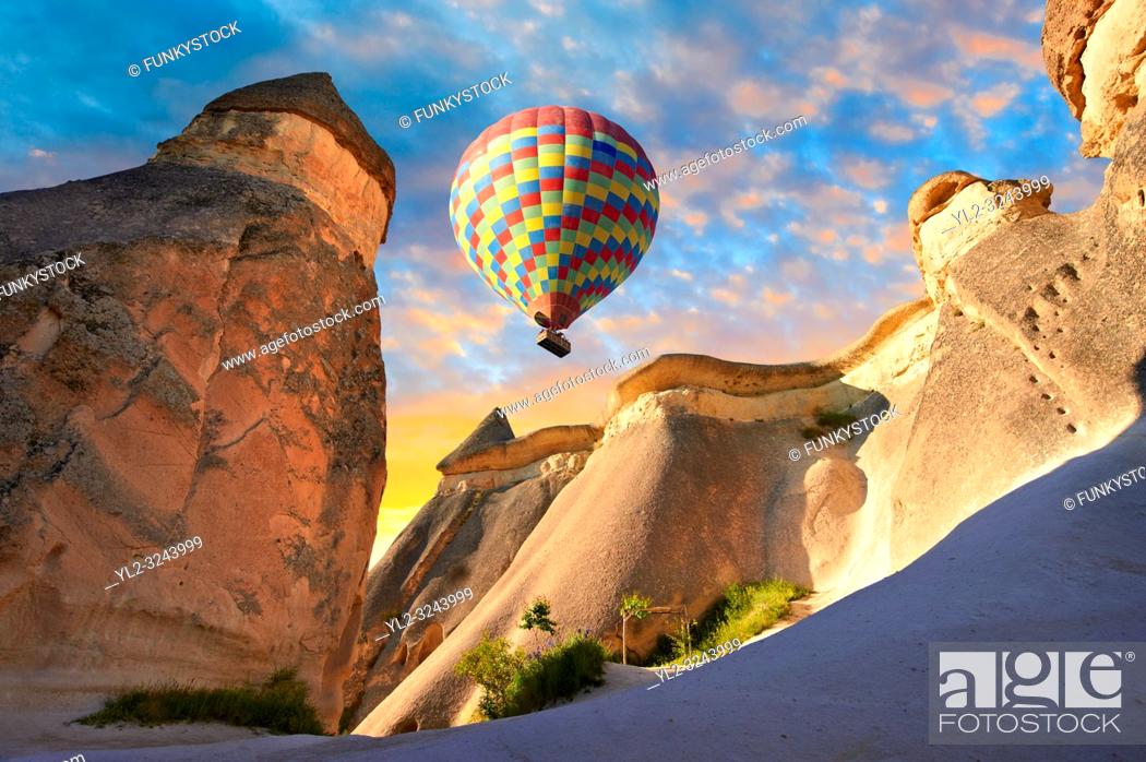 Photo de stock: Pictures & images of hot air balloons over the fairy chimney rock formations and rock pillars of “Pasaba Valley” near Goreme, Cappadocia, Nevsehir, Turkey.