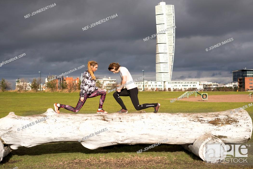 Stock Photo: Couple exercising together, Malmo, Sweden.