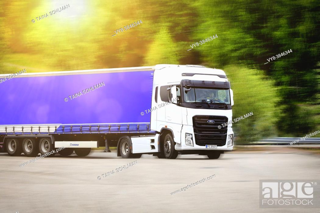 Stock Photo: Ford F-MAX, heavy truck by Ford Otosan, PL plates, leaving truck stop in Salo, Finland. July 9, 2021.