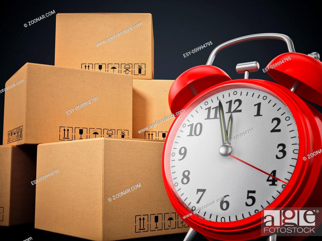 Stock Photo: Cargo boxes and alarm clock standing on black background. 3D illustration.