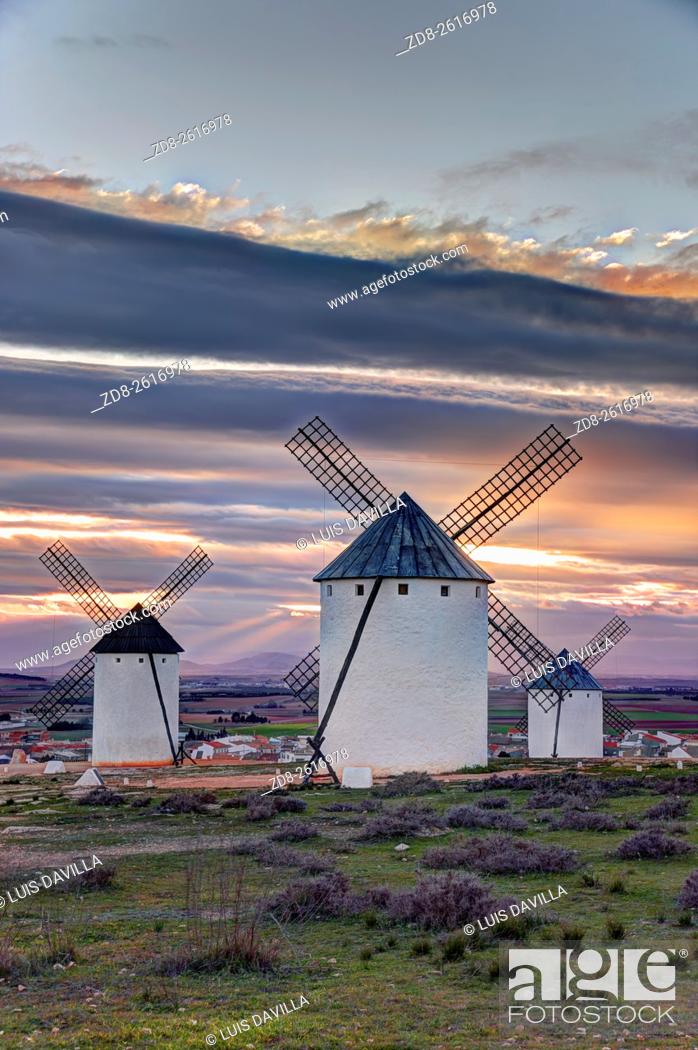 Stock Photo: One of the main sights on this trip is here in the region of Ciudad Real, Campo de Criptana. This village presents the most famous image of La Mancha.