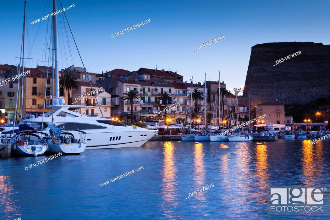 Stock Photo: France, Corsica, Haute-Corse Department, La Balagne Region, Calvi, Port de Plaissance, yacht harbor, dawn.