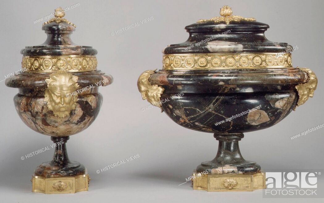 Stock Photo: Pair of urns with covers. Date: ca. 1775; Culture: French; Medium: Marble (brèche violette), gilt bronze; Dimensions: H. 17 3/4 x W. 18 x D. 10 3/4 in.