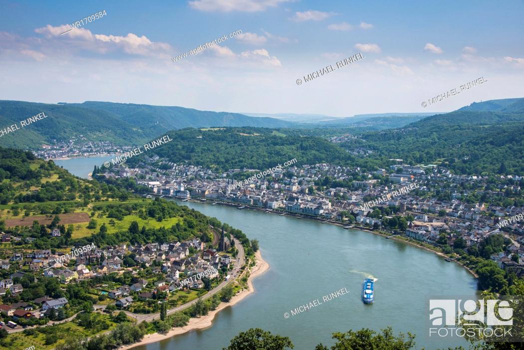 Stock Photo: View over Boppard and the River Rhine from Vierseenblick, Rhine Valley, UNESCO World Heritage Site, Rhineland-Palatinate, Germany, Europe.