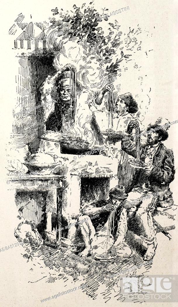 Stock Photo: The macaroni eaters, Naples, Italy, engraving from L'IIllustrazione Italiana, no 5, January 29, 1882.