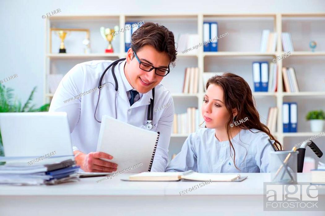 Stock Photo: Female patient visiting male doctor for regular check-up in hospital clinic.