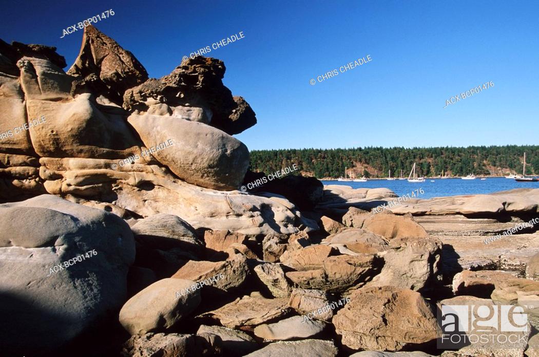Stock Photo: Hornby Island in Gulf Islands, sandstone seashore with erosion patterns, Tribune Bay, Vancouver Island, British Columbia, Canada.