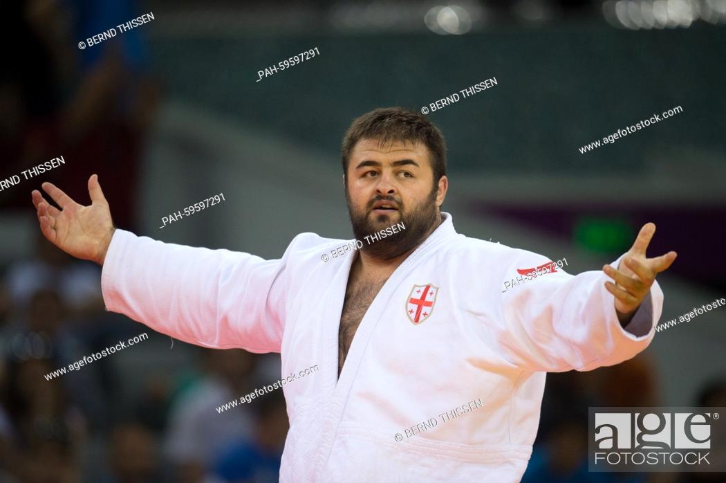 Stock Photo: Adam Okruashvili of Georgia celebrates after winning gold in the Men's +100kg Final at the Baku 2015 European Games in Heydar Aliyev Arena in Baku, Azerbaijan.