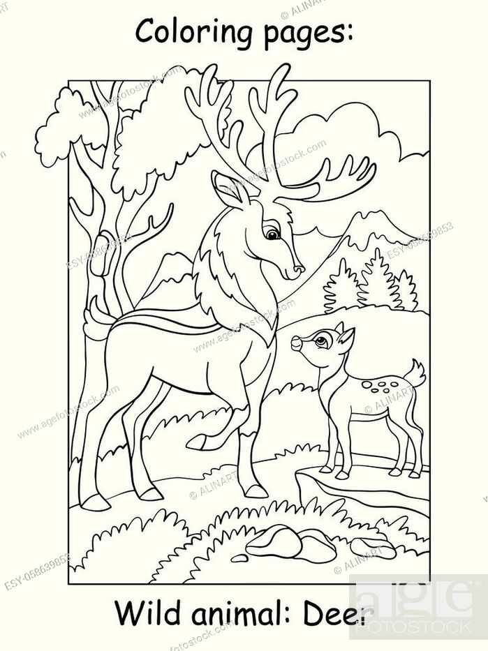 Vector coloring pages with deer dad and son in mountain area ...