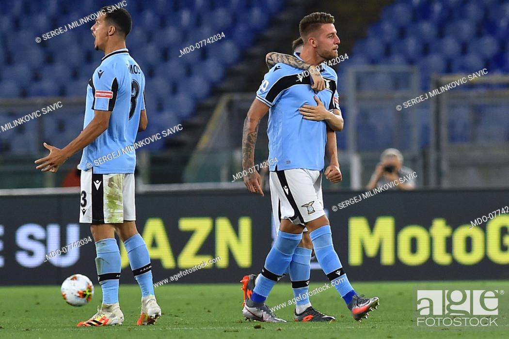 Stock Photo: Lazio football player Sergej Milinkovic Savic celebrating after score the goal during the match Lazio-Cagliari in the Olimpic stadium.
