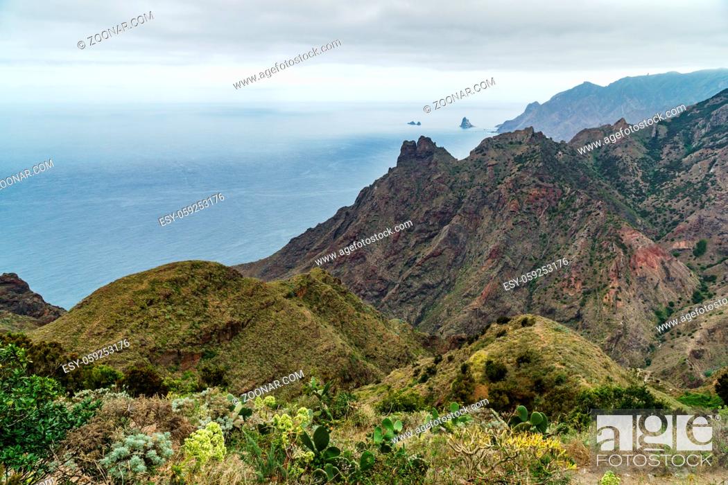 Stock Photo: Hiking trip in the Anaga Mountains near Taborno on Tenerife Island with a lot of wide views over the sea and the mountains.