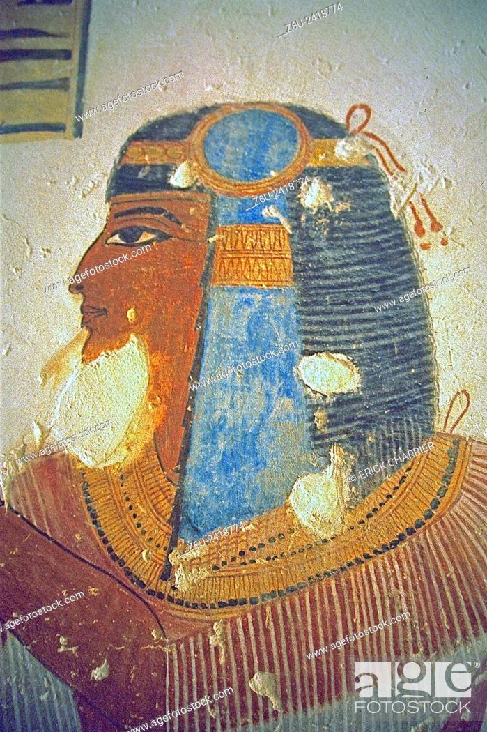 Stock Photo: Thebes, West bank, Kings Valley, tomb of Montou-Her-Kopechef (KV19). Right wall, the prince in front of Banebdjedet. The prince makes a libation of water with.