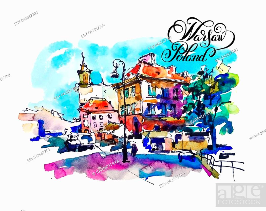 Stock Vector: watercolor sketching old town historical buildings Warsaw capital city of Poland cityscape for travel book illustration, greeting card, poster and art print.