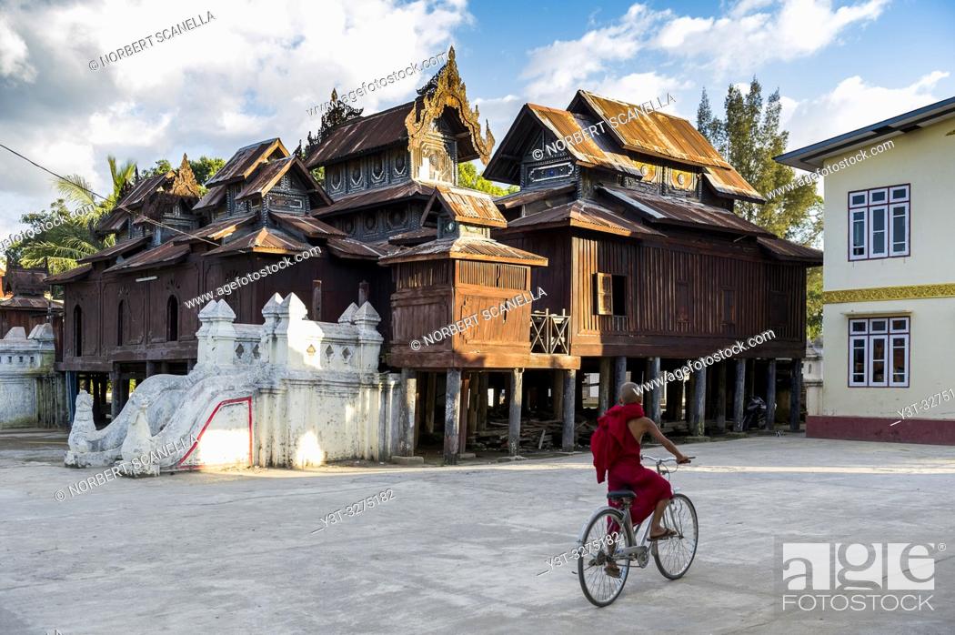 Stock Photo: Myanmar (ex Birmanie). Nyaung Shwe. Shan state. The Shwe Yan Pyay monastery (Or 'The palace of the mirrors') designed in wood in 1907 near Inle Lake.