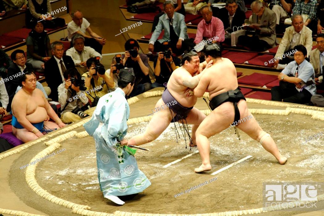 Wrestlers on the dohyo ring, Grand Tournament of Sumo at Kokugikan sumo  venue, Sumida district, Stock Photo, Picture And Rights Managed Image. Pic.  L22-919126 | agefotostock
