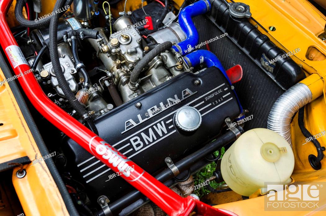 Stock Photo: View of the engine compartment of a BMW 2002 Ti Alpina, built in 1969, festival of classic cars Retro Classics meets Barock, Schloss Ludwigsburg Palace.
