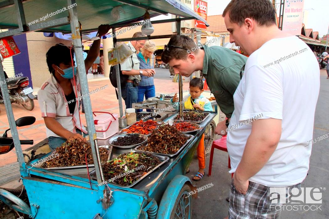 Stock Photo: Street stall selling of exotic products, snack, spider, cricket, clam, siem reap, cambodia.