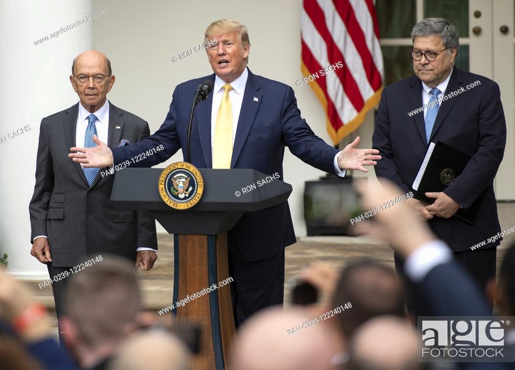 Stock Photo: United States President Donald J. Trump, center, delivers remarks on citizenship and the census in the Rose Garden of the White House in Washington.