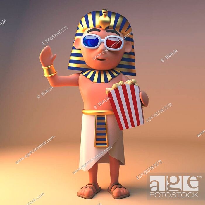 Stock Photo: Ancient Egyptian pharaoh Tutankhamun watches a 3d movie while eating popcorn, 3d illustration render.
